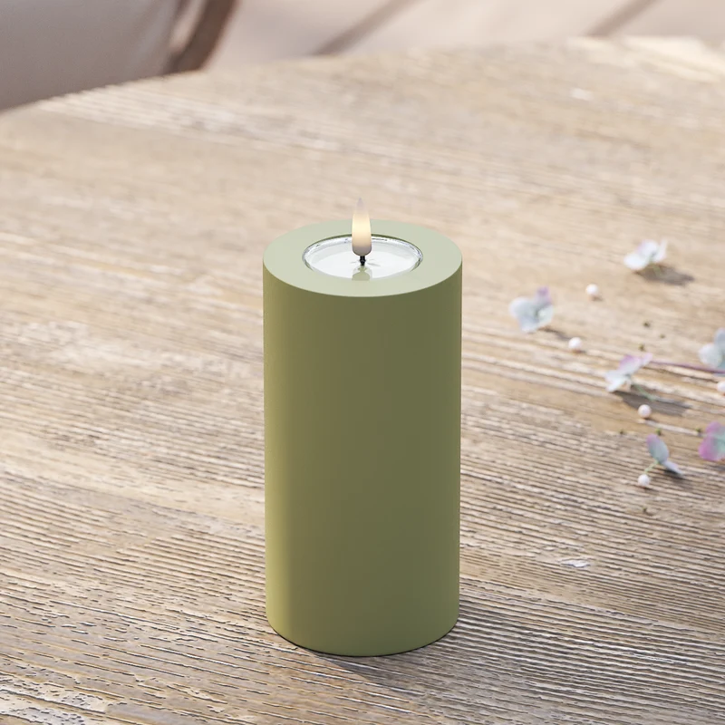 Udendørs LED Bloklys Ø 7,5 x 15 cm Olivengrøn