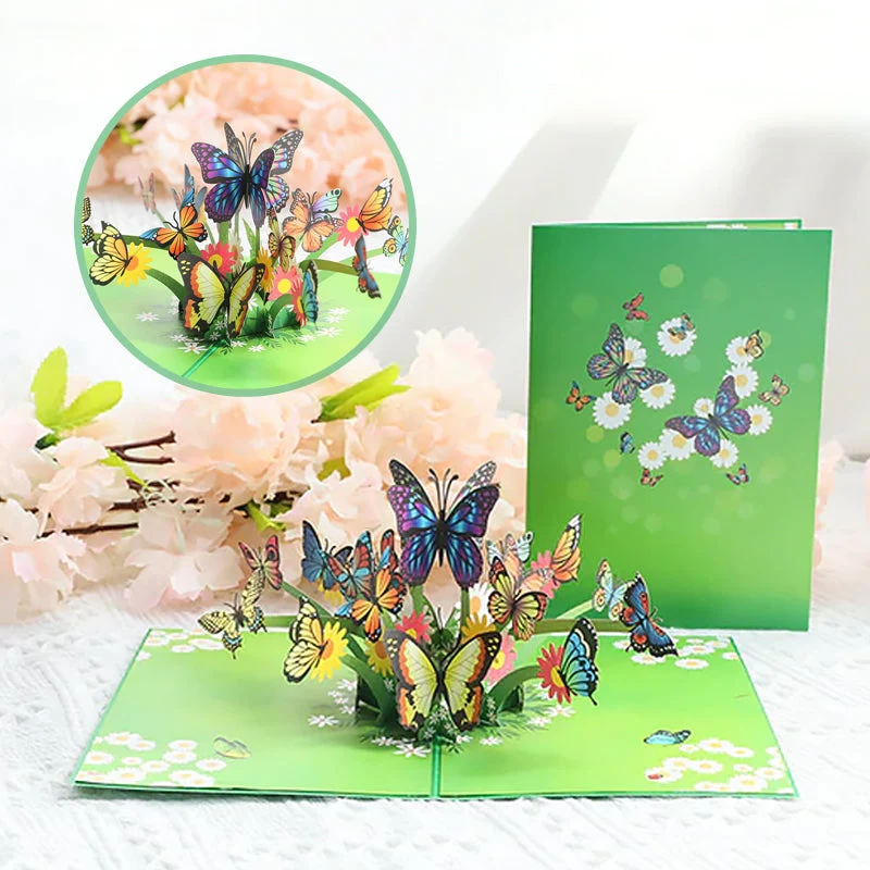 3D Popup-kort med Färgglada Fjärilar och Blommor