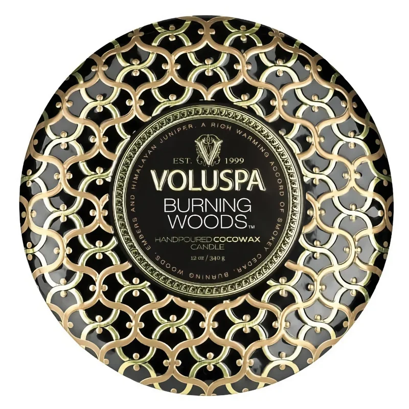 Voluspa Maison 3-Wick Tin Candle Burning Woods