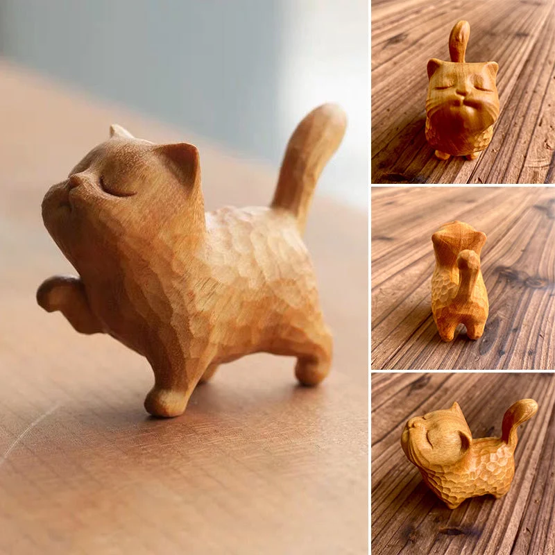 Söt Handgjord Träkatt Skulptur 5cm